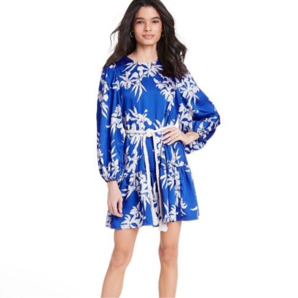 Alexis for Target Blue & White Floral Long Sleeve mini braided rope Med Dress